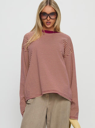 Settle Down Long Sleeve Top Lemon  Burgundy Stripe