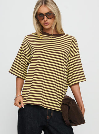 Settle Down Short Sleeve Top Yellow  Brown Stripe