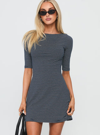 Evyna Boat Neck 34 Sleeve Mini Dress Navy Stripe