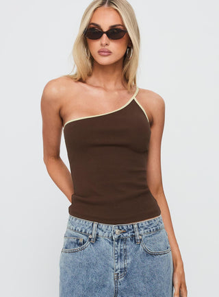 Hold It Down One Shoulder Contrast Top Chocolate  Yellow
