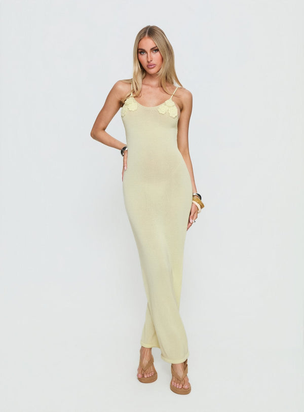Cinderella Knit Floral Detail Maxi Dress Lemon Yellow