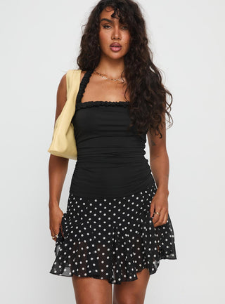 Godet Mini Skirt Black  White Polka