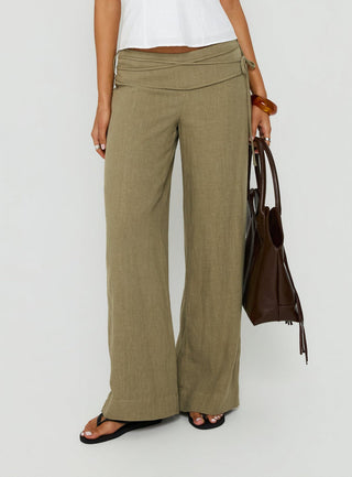 Silver Moon Linen Blend Tie Pants Olive Green