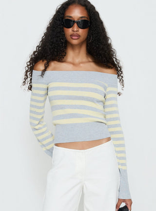 Perrey Long Sleeve Off Shoulder Top Knit Yellow  Grey Stripe