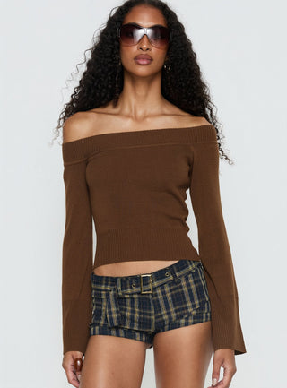 Perrey Long Sleeve Off Shoulder Knit Top Brown