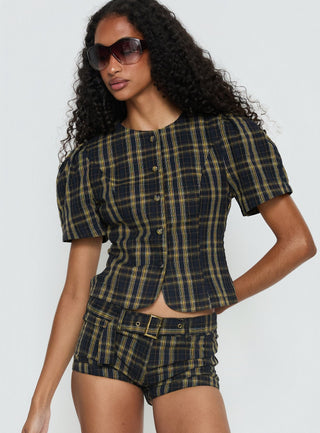 Femme Blouse Top Navy  Lemon Plaid