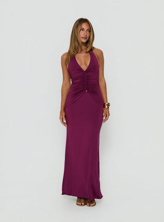 Erene Ruched Halter Maxi Dress Berry