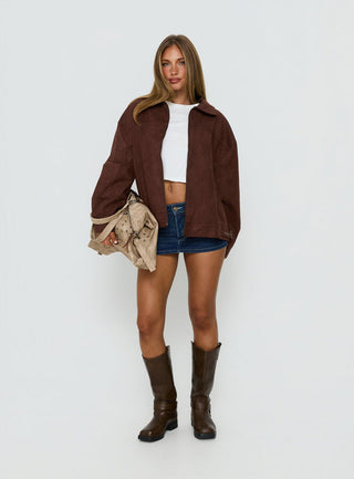 Goldsmith Faux Suede Tassel Bomber Jacket Chocolate