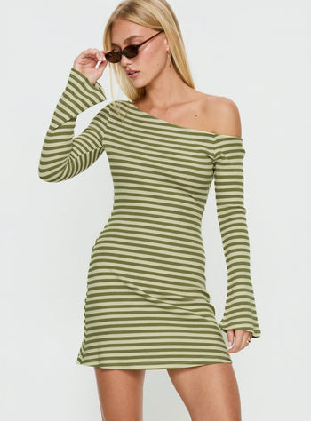 Adrietta Long Sleeve Off Shoulder Mini Dress Cream  Matcha Stripe
