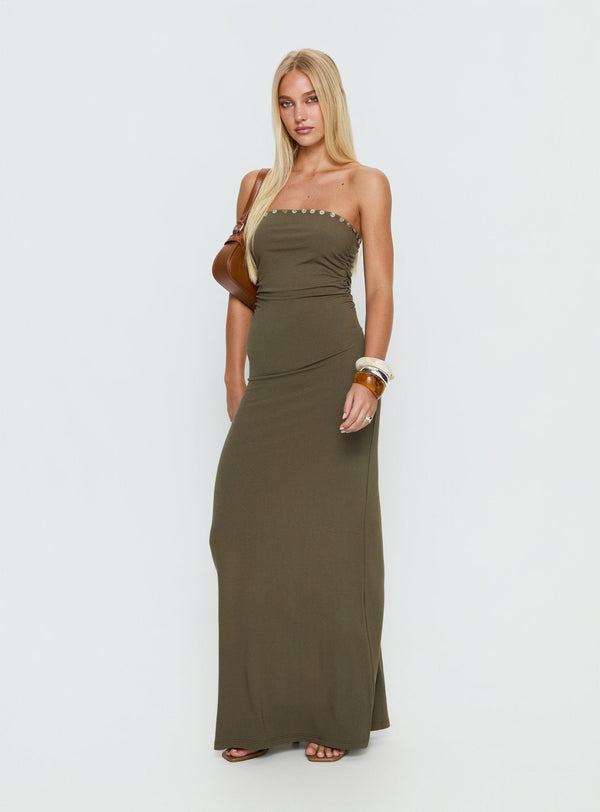 Erita Strapless Maxi Dress Kahki