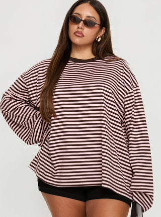Settle Down Long Sleeve Top Pink  Brown Stripe Curve