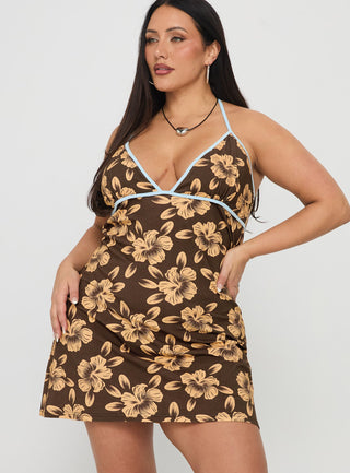 Mishie Halter Mini Dress Brown  Blue Floral Curve