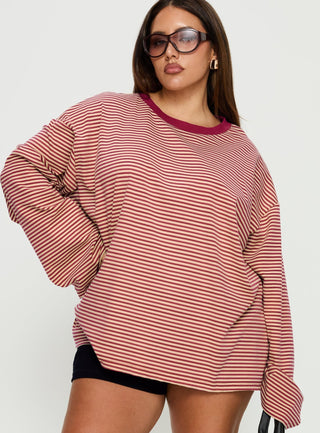 Settle Down Long Sleeve Top Lemon  Burgundy Stripe Curve
