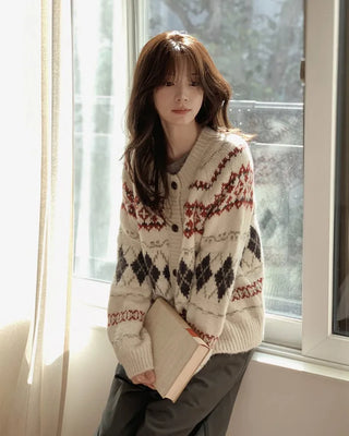 Soft wool argyle Nordic pattern knit cardigan