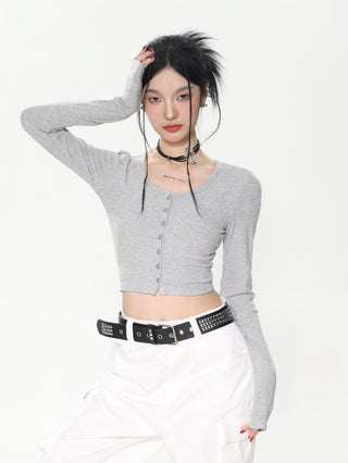 Long-sleeved cropped knit cardigan