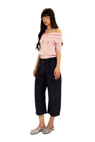 [Moromoro2] Off-Shoulder Star Rhinestone Knit  Top