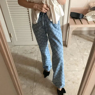 Patterned high-waisted denim pants