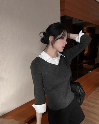 Extremely popular in Korea! Shirt-layered knit / 5 colors