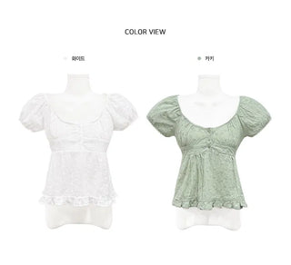 Pomin Flower Embroidery Punching Puff Blouse - 2 Colors