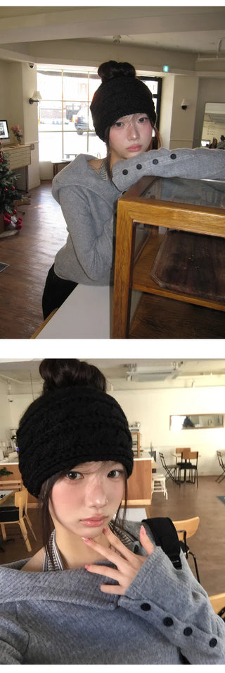 Curling Button Hood Button Knitwear Ribbed Hoodie - 4 colors