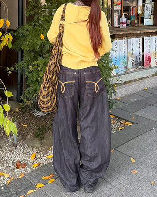 Back cinch pocket stitched rigid balloon denim pants