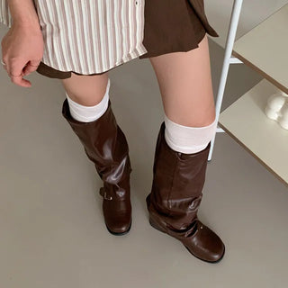 [2 colors] Buckle Warmer Biker Long Boots