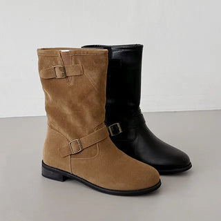 [2 colors] Buckle semi-oversized midi boots