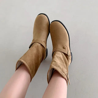 [2 colors] Buckle semi-oversized midi boots