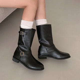 [2 colors] Buckle semi-oversized midi boots