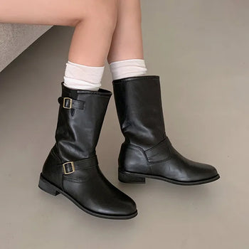 [2 colors] Buckle semi-oversized midi boots