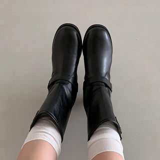 [2 colors] Buckle semi-oversized midi boots