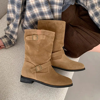 [2 colors] Buckle semi-oversized midi boots