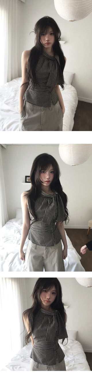 High Ribbon Check Shirred Blouse