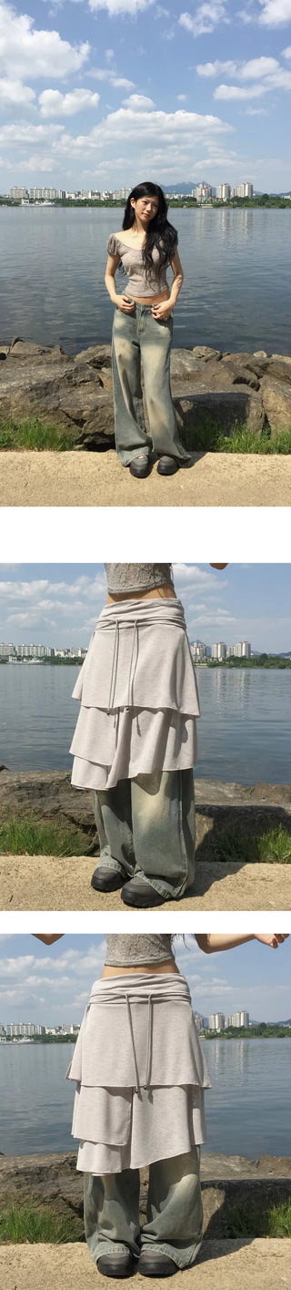 Adjustable waist/length, side Split , pin tuck , Faded denim pt - 3 colors