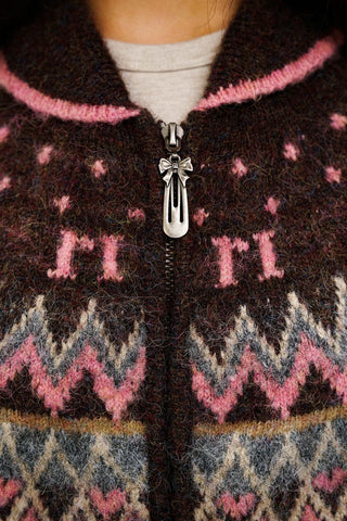 [Moromoro2] Fair Isle Bow Pocket Retro Collar  Cardigan