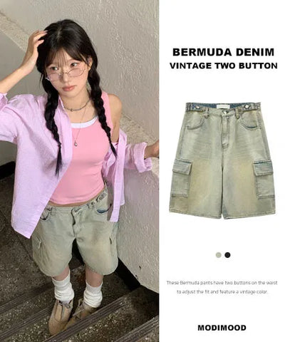 Pudding Two Buckle Vintage Bermuda Denim Pants - 2 Colors