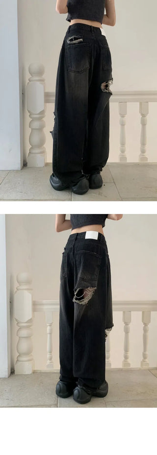 KARINA Front and back damage Faded unique black Black Denim pants