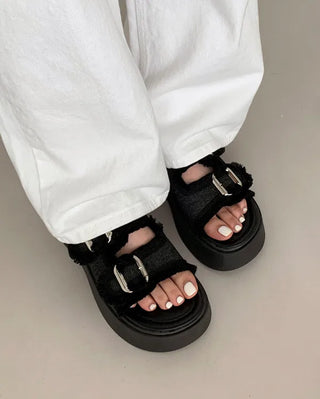 Platform denim buckle slippers (2 colors)