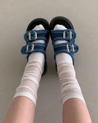 Platform denim buckle slippers (2 colors)
