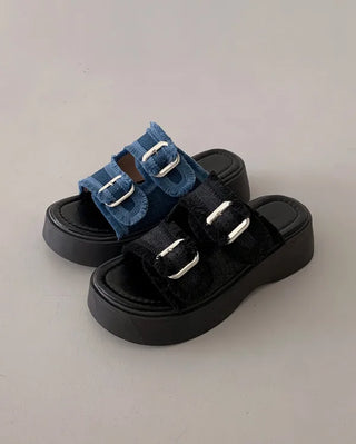 Platform denim buckle slippers (2 colors)