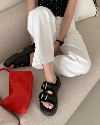 Platform denim buckle slippers (2 colors)