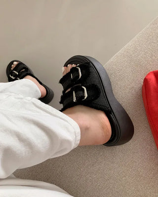 Platform denim buckle slippers (2 colors)