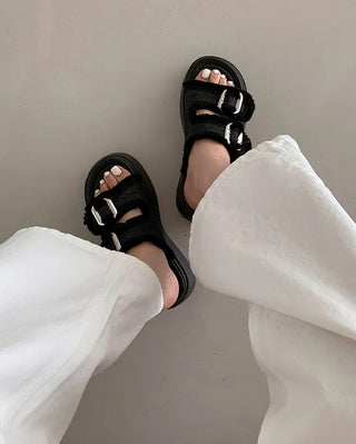 Platform denim buckle slippers (2 colors)