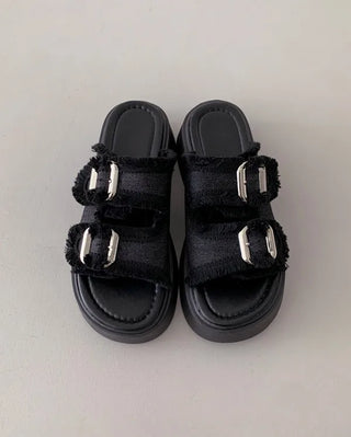 Platform denim buckle slippers (2 colors)