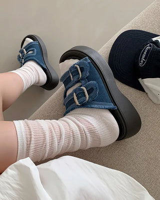 Platform denim buckle slippers (2 colors)
