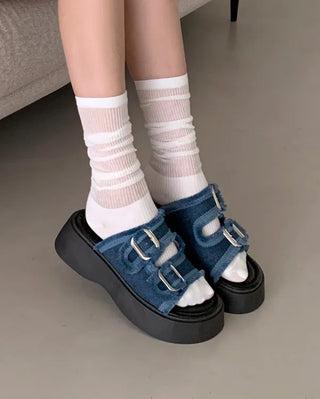 Platform denim buckle slippers (2 colors)