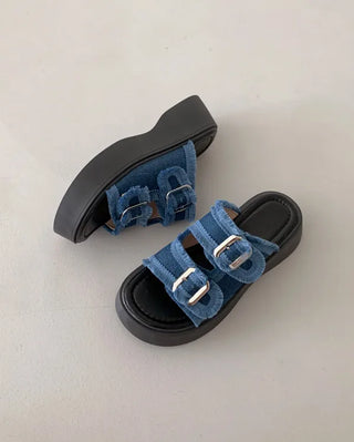 Platform denim buckle slippers (2 colors)