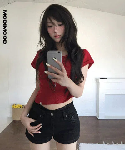 Crochet Short Raw Denim Pants - 2 colors