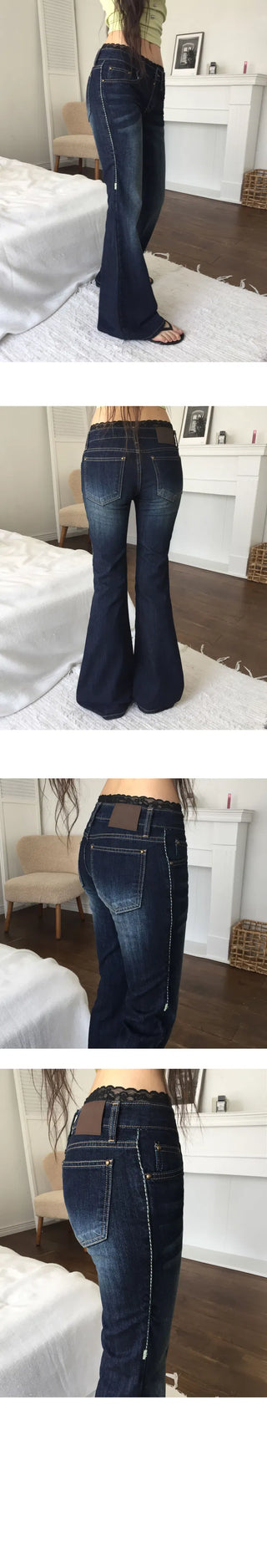 Green Stitch Dark Blue Blue Low Flared Denim Pants