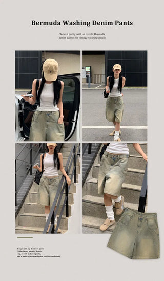 Two-buckle Bermuda Vintage Faded Denim 3/4 Length Pants pt